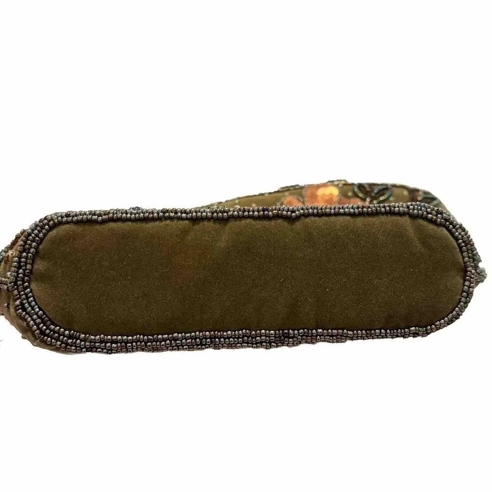 ERMO Collection‎ Evening Velvet Floral Beaded Handbag Zipper Olive Green